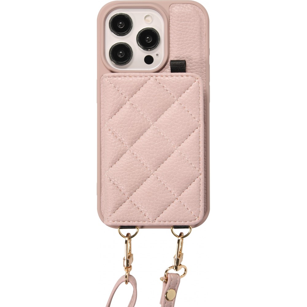 Coque iPhone 15 Pro Max - Cuir matelass&eacute; avec miroir et compartiment carte inclus grande lani&egrave;re amovible - Violet clair