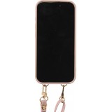 Coque iPhone 15 Pro Max - Cuir matelass&eacute; avec miroir et compartiment carte inclus grande lani&egrave;re amovible - Violet clair