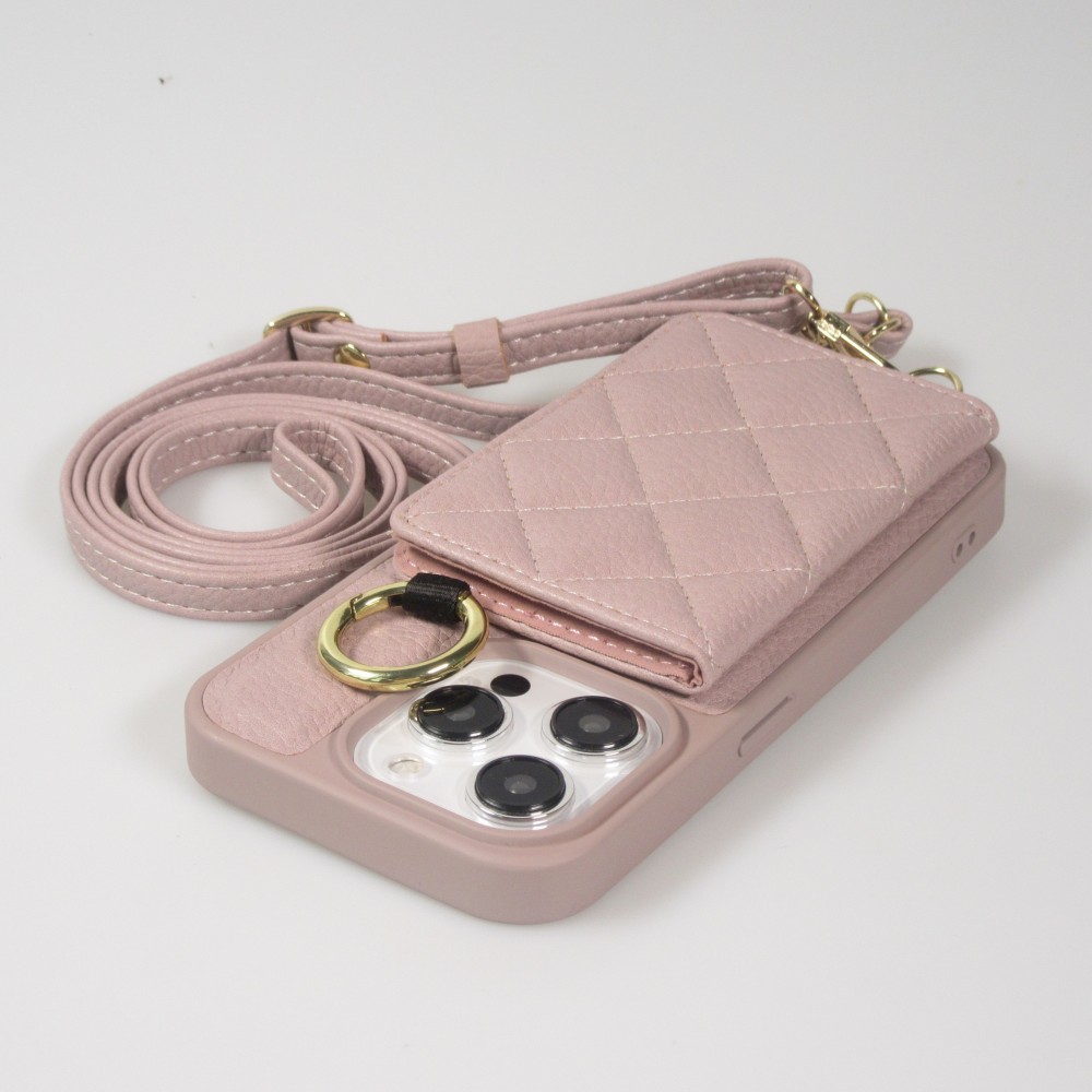 Coque iPhone 15 Pro Max - Cuir matelass&eacute; avec miroir et compartiment carte inclus grande lani&egrave;re amovible - Violet clair