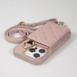 Coque iPhone 15 Pro Max - Cuir matelass&eacute; avec miroir et compartiment carte inclus grande lani&egrave;re amovible - Violet clair