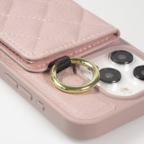 Coque iPhone 15 Pro Max - Cuir matelass&eacute; avec miroir et compartiment carte inclus grande lani&egrave;re amovible - Violet clair