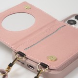 Coque iPhone 15 Pro Max - Cuir matelass&eacute; avec miroir et compartiment carte inclus grande lani&egrave;re amovible - Violet clair