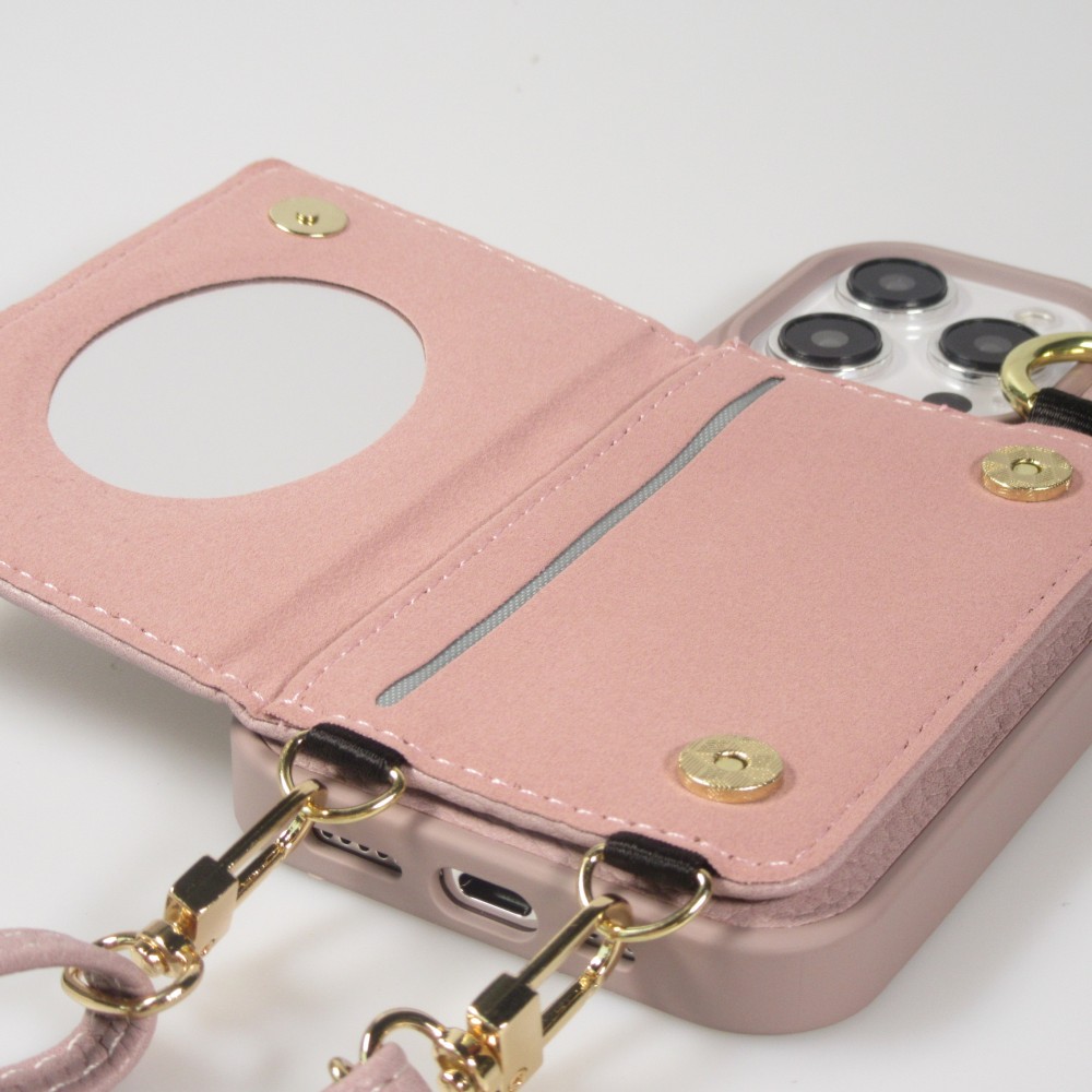 Coque iPhone 15 Pro Max - Cuir matelass&eacute; avec miroir et compartiment carte inclus grande lani&egrave;re amovible - Violet clair