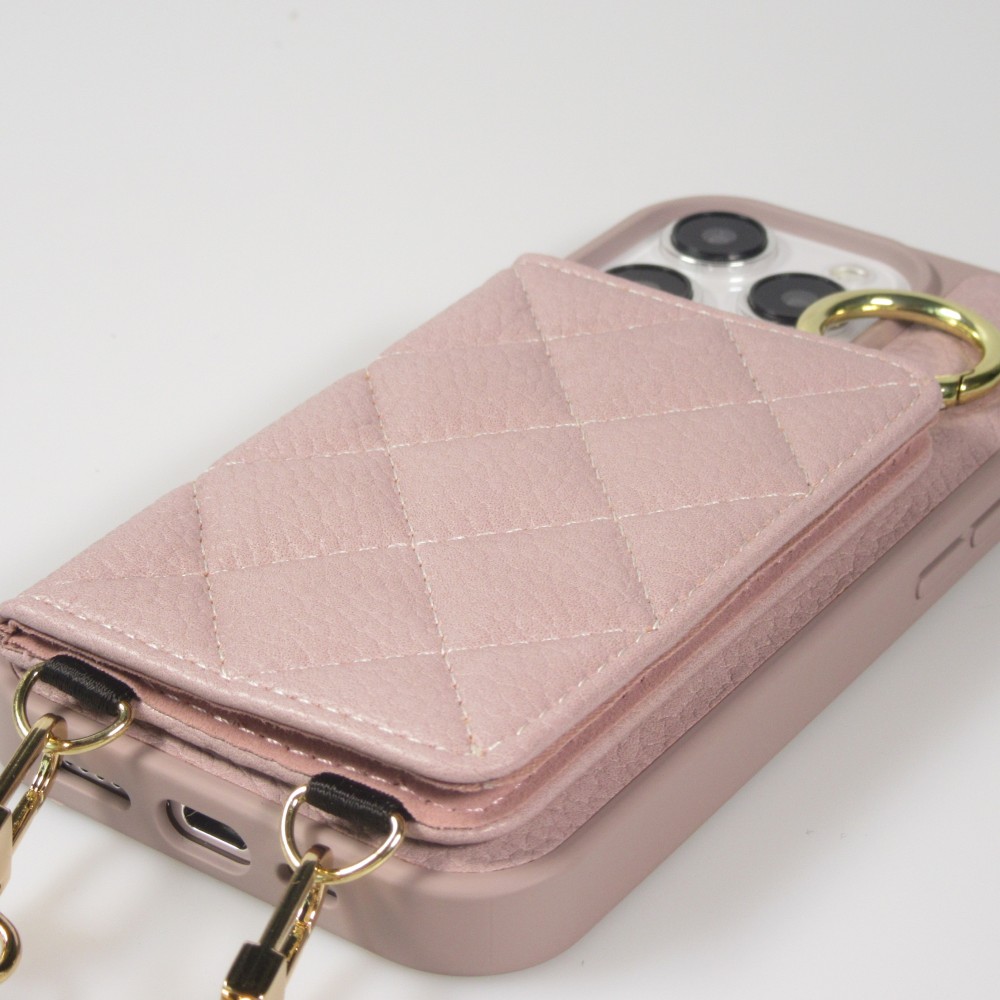 Coque iPhone 15 Pro Max - Cuir matelass&eacute; avec miroir et compartiment carte inclus grande lani&egrave;re amovible - Violet clair