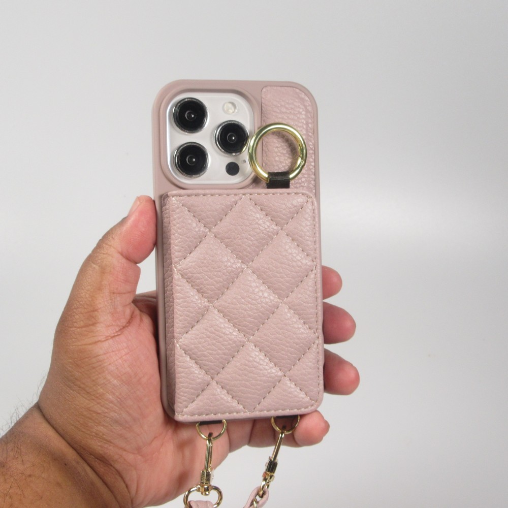 Coque iPhone 15 Pro Max - Cuir matelass&eacute; avec miroir et compartiment carte inclus grande lani&egrave;re amovible - Violet clair