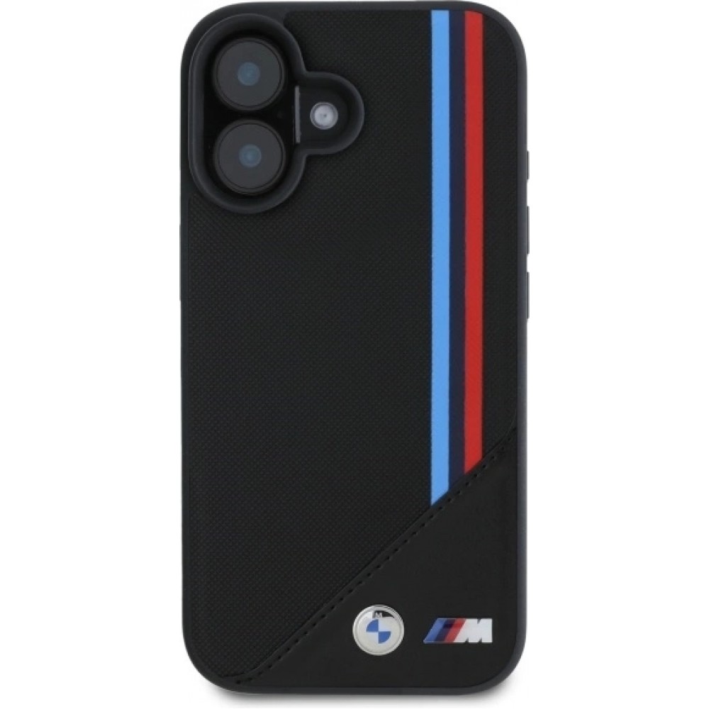 Coque iPhone 16 - BMW M Tricolore Stripes cuir MagSafe - Noir