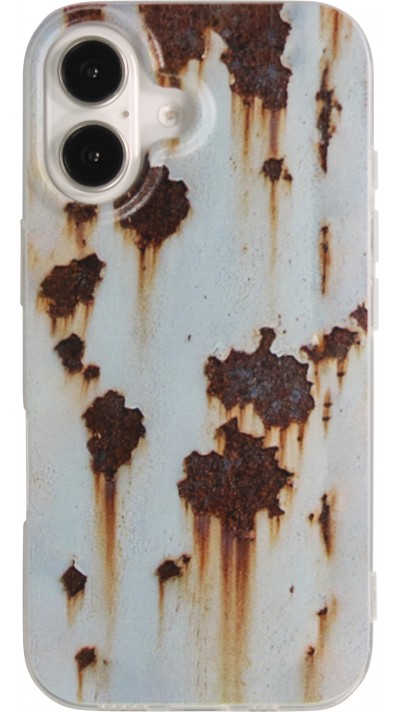 Coque iPhone 16 - Effet rouille vintage en silicone rigide style industriel - Bleu