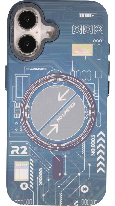 Coque iPhone 16 - Futuriste avec design circuit, boutons int&eacute;gr&eacute;s & MagSafe compatible - Bleu