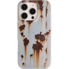 Coque iPhone 16 Pro - Effet rouille vintage en silicone rigide style industriel - Bleu