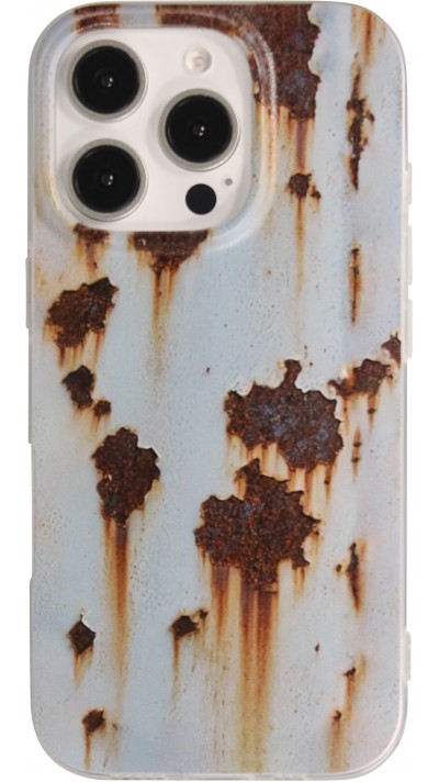 Coque iPhone 16 Pro - Effet rouille vintage en silicone rigide style industriel - Bleu