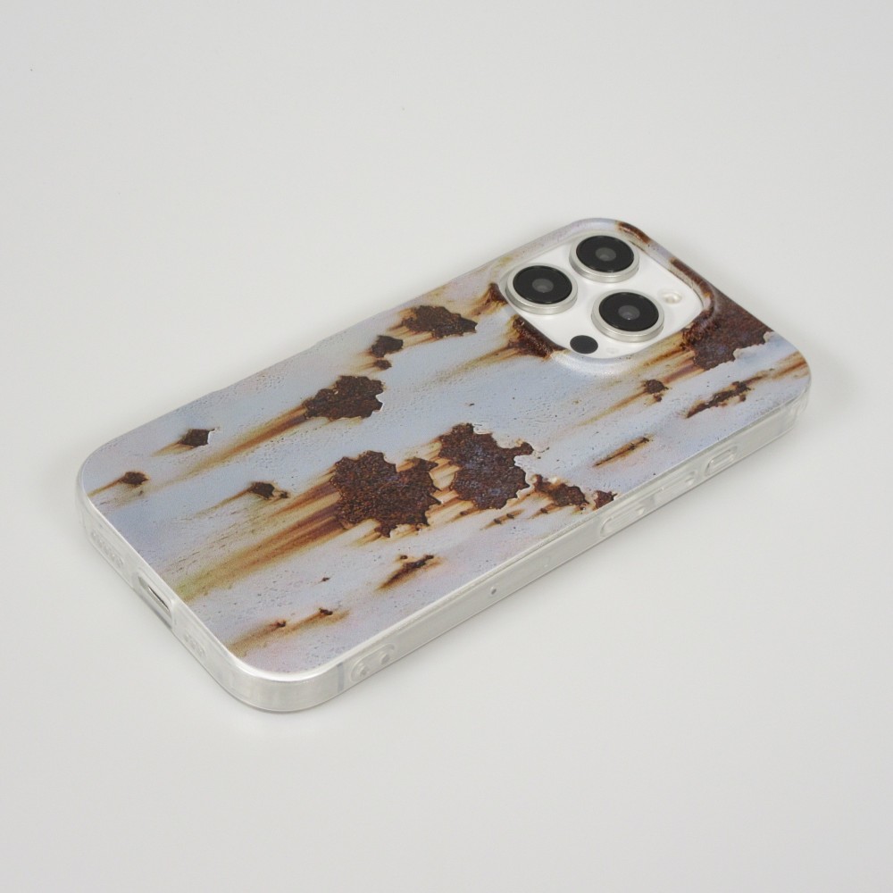 Coque iPhone 16 Pro - Effet rouille vintage en silicone rigide style industriel - Bleu