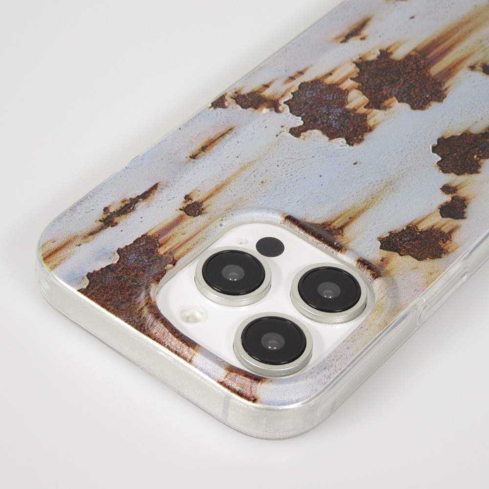 Coque iPhone 16 Pro - Effet rouille vintage en silicone rigide style industriel - Bleu