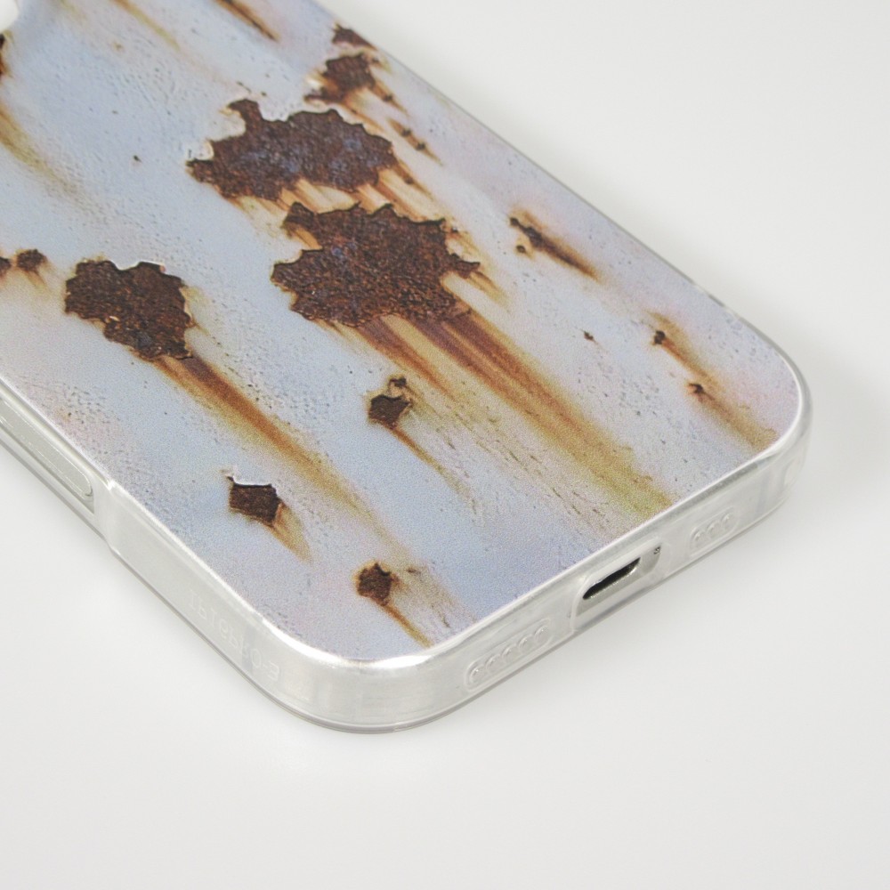 Coque iPhone 16 Pro - Effet rouille vintage en silicone rigide style industriel - Bleu