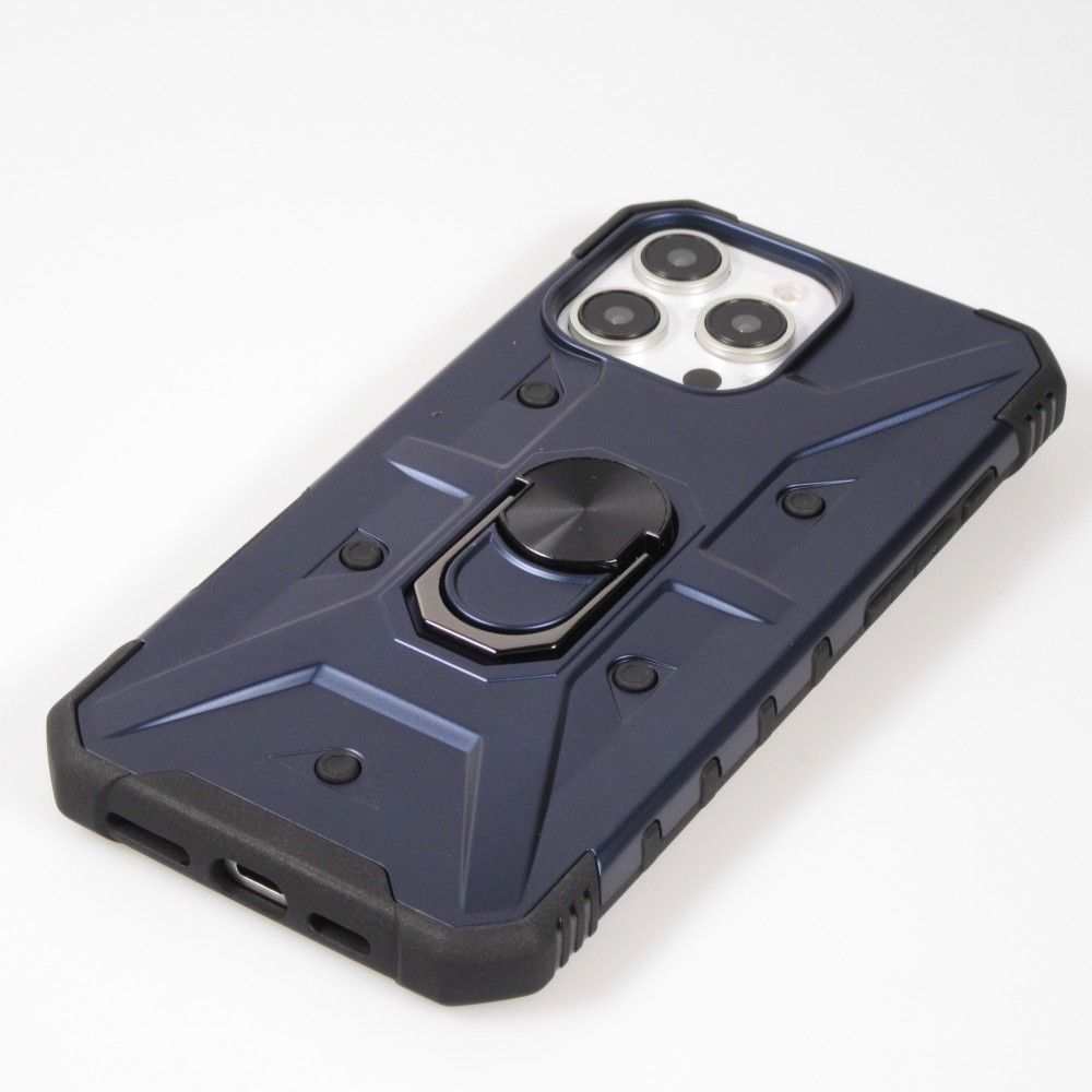 Coque iPhone 16 Pro Max - Armor avec protection des coins en silicone et anneau de soutien - Bleu fonc&eacute;