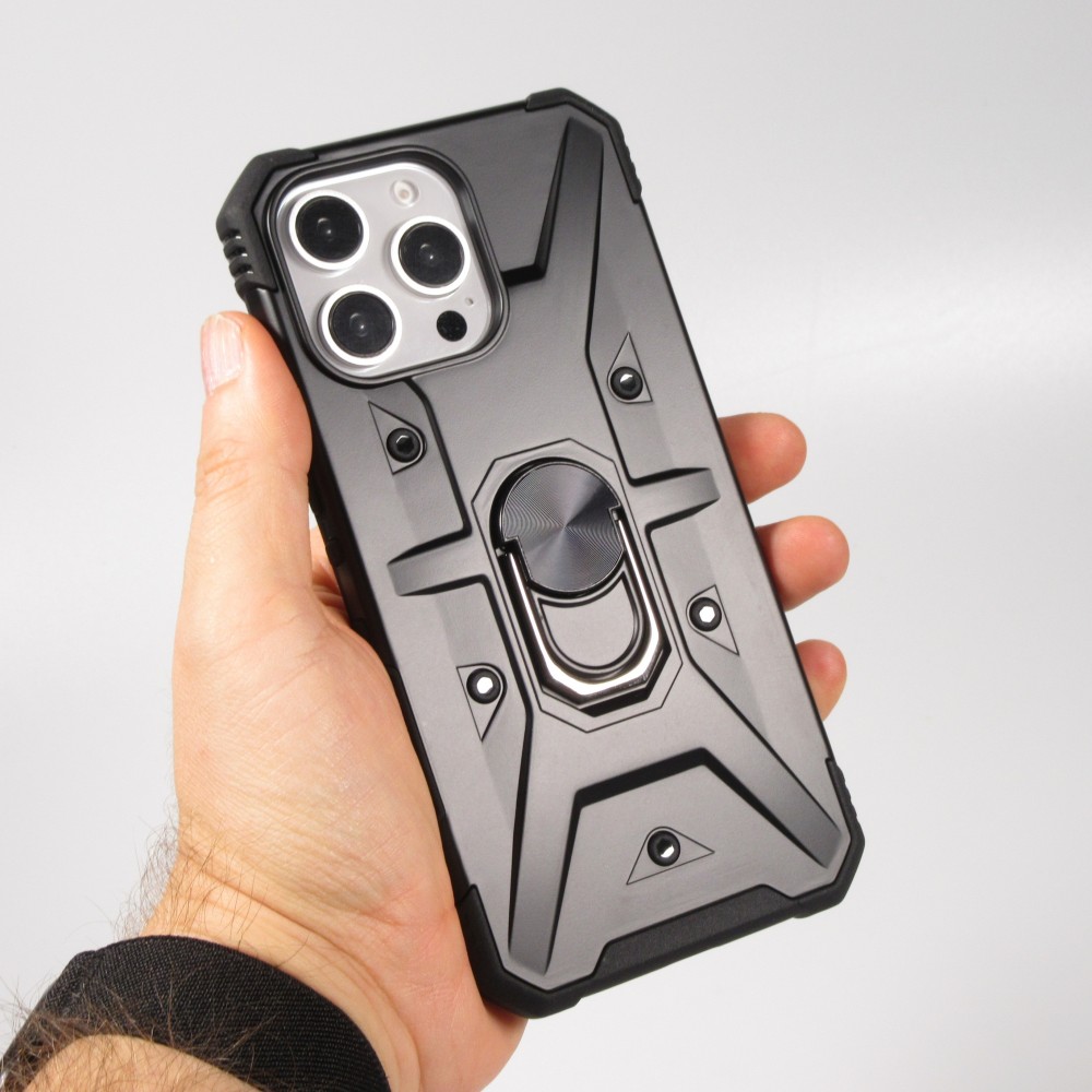 Coque iPhone 16 Pro Max - Armor avec protection des coins en silicone et anneau de soutien - Noir