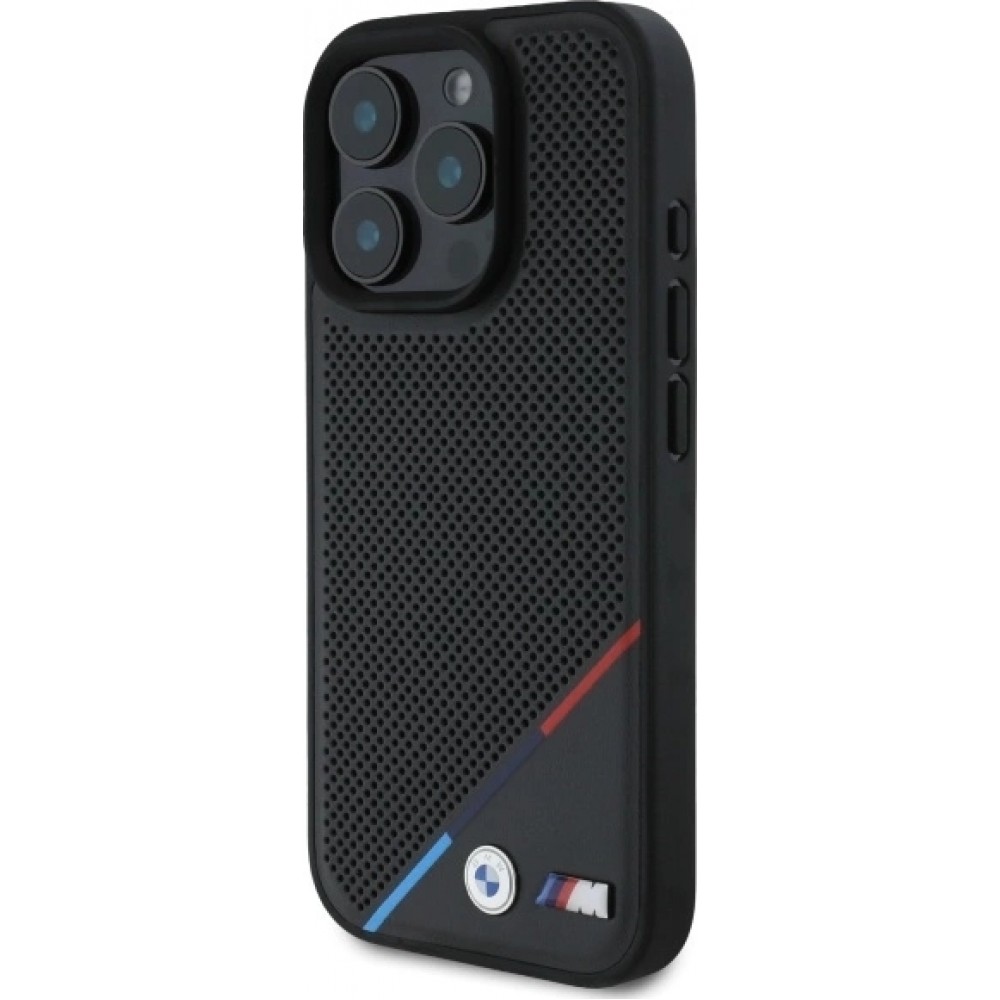 Coque iPhone 16 Pro Max - BMW M Ligne tricolore design perforé compatible MagSafe protection premium - Noir