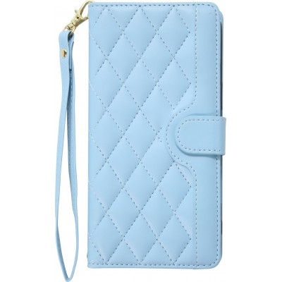 Coque iPhone 16 Pro Max - Flip matelass&eacute; &eacute;l&eacute;gant avec fermeture magn&eacute;tique et lani&egrave;re et emplacements pour cartes - Bleu