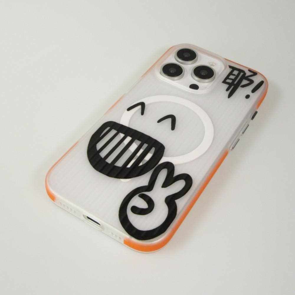 Coque iPhone 16 Pro Max - Funny Sketch avec bords oranges et MagSafe - Transparent