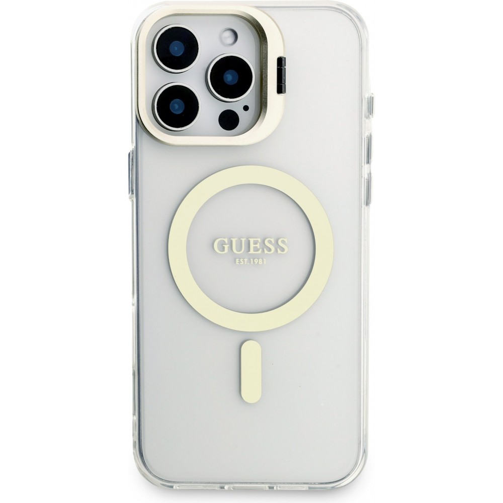 Coque iPhone 16 Pro Max - Guess magnétique MagSafe avec plaques interchangeables (rose / brun / noir) et Camera Stand - Transparent