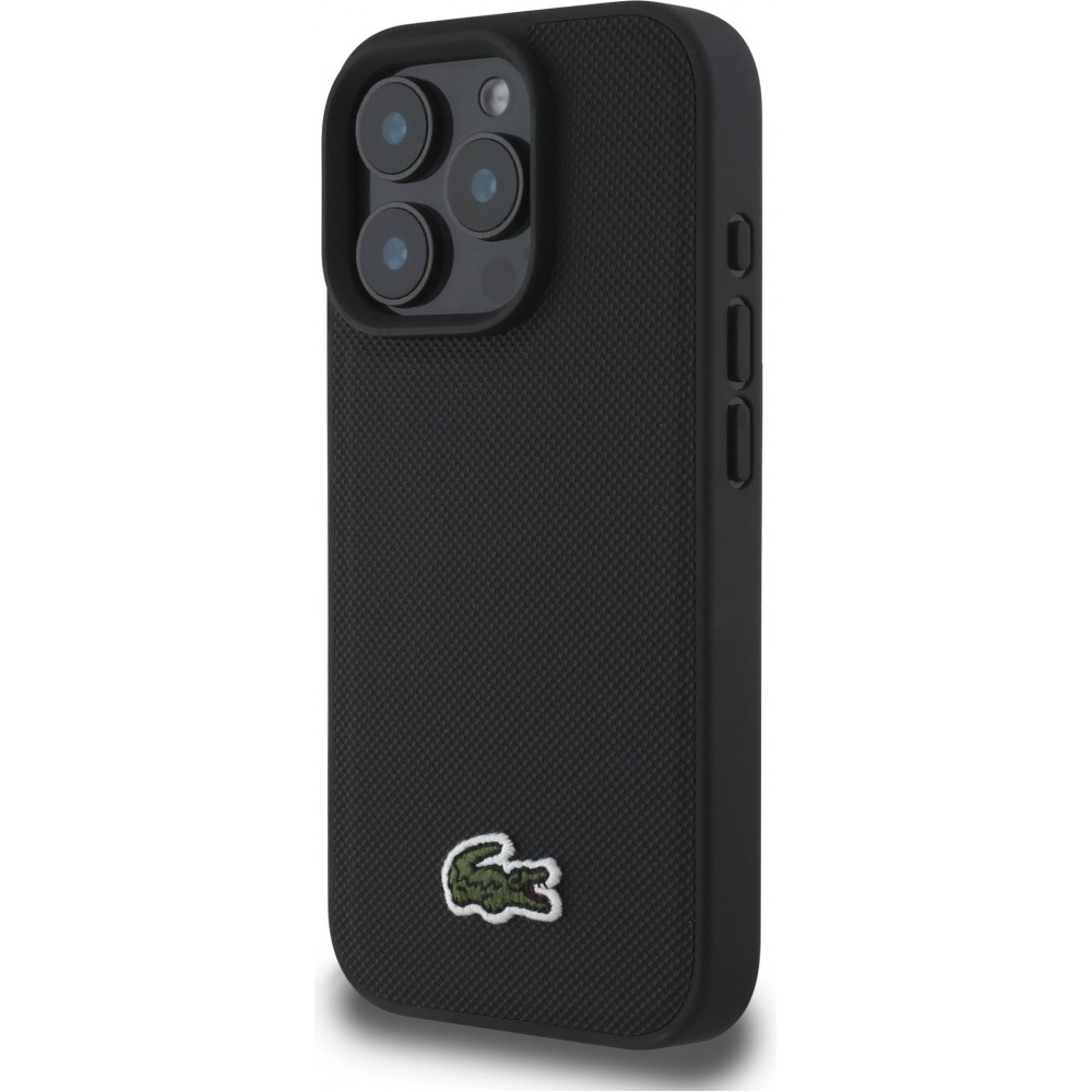 Coque iPhone 16 Pro Max - Pack Lacoste Iconique Petit Piqué avec logo tissé et câble de données USB-C vers USB-C - Noir