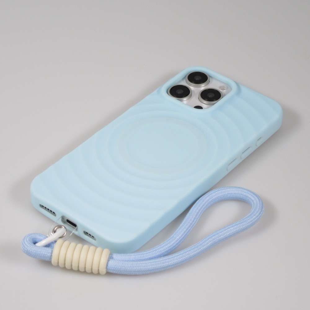 iPhone 16 Pro Max Case H&uuml;lle - Silikon Soft Touch MagSafe mit Wellen und Handschlauf - Blau