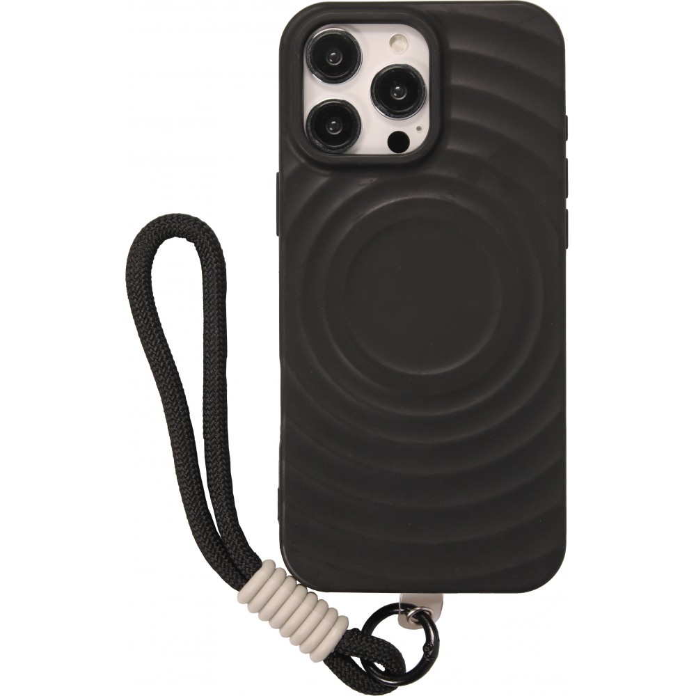 iPhone 16 Pro Max Case H&uuml;lle - Silikon Soft Touch MagSafe mit Wellen und Handschlauf - Schwarz
