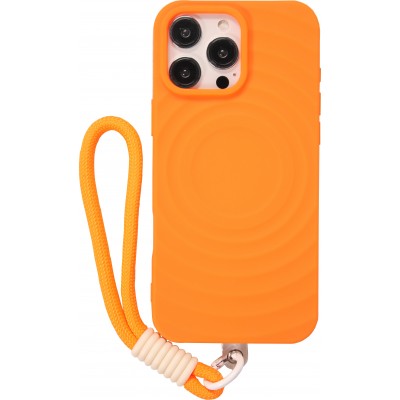 iPhone 16 Pro Max Case H&uuml;lle - Silikon Soft Touch MagSafe mit Wellen und Handschlauf - Orange