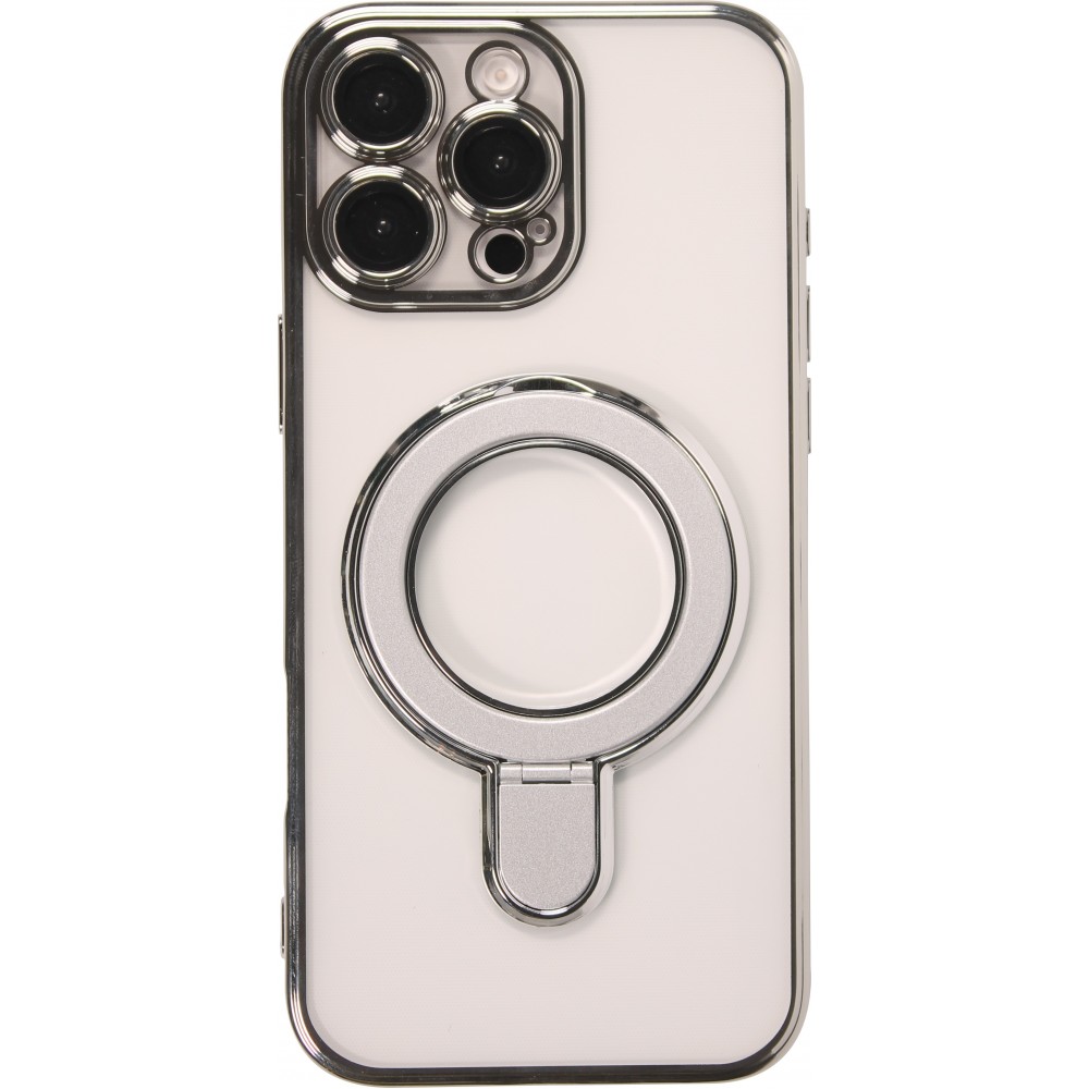 Coque iPhone 16 Pro Max - Silicone transparente avec anneau rotatif argenté - Transparent