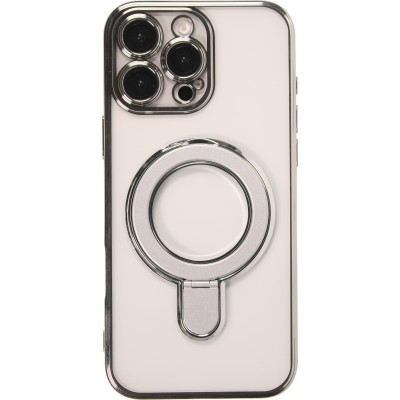 Coque iPhone 16 Pro Max - Silicone transparente avec anneau rotatif argenté - Transparent