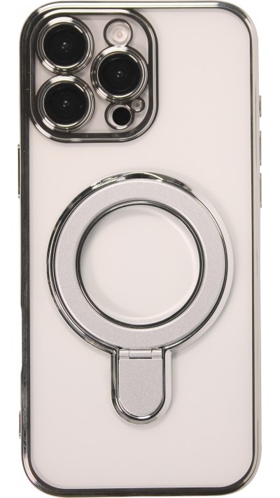 Coque iPhone 16 Pro Max - Silicone transparente avec anneau rotatif argenté - Transparent
