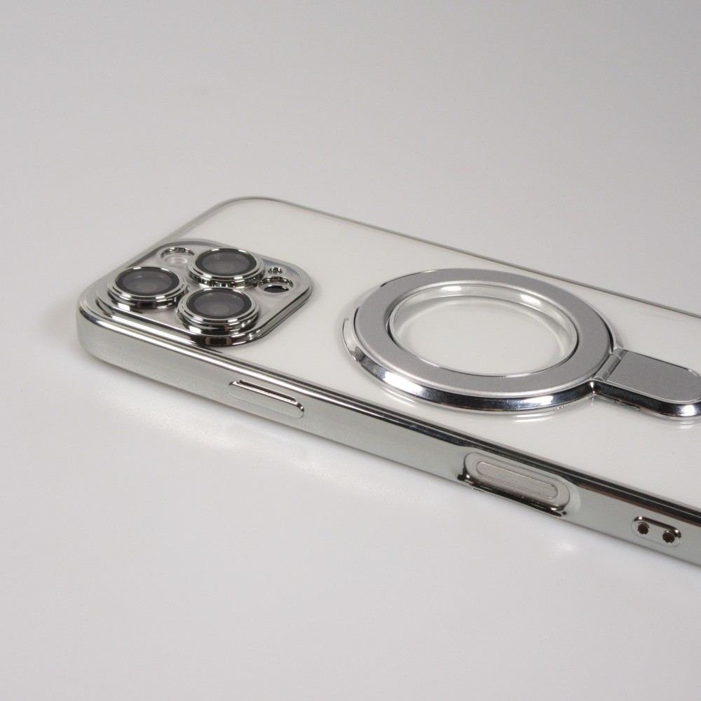 Coque iPhone 16 Pro Max - Silicone transparente avec anneau rotatif argenté - Transparent