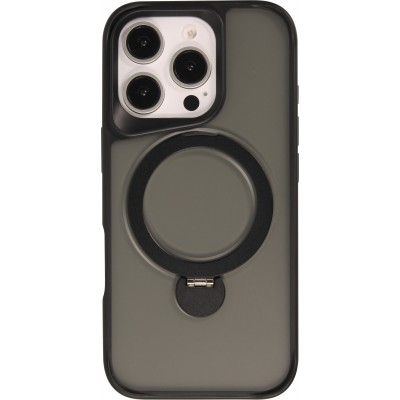 Coque iPhone 16 Pro Max - Transparente minimaliste avec anneau rotatif et bords renforcés - Noir