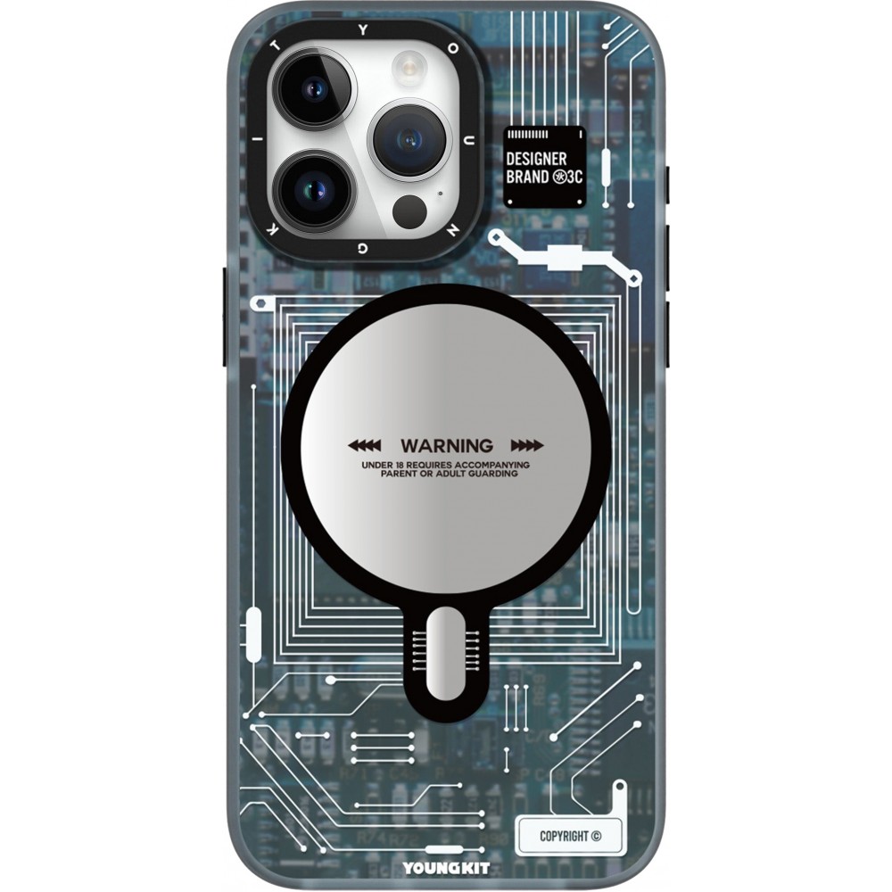 Coque iPhone 16 Pro Max - Youngkit silicone compatible MagSafe design circuit style puce électronique - Bleu