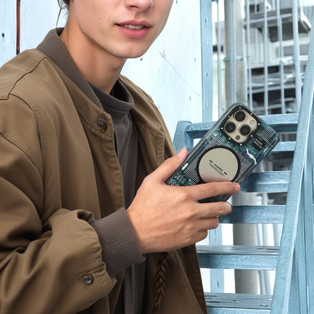 Coque iPhone 16 Pro Max - Youngkit silicone compatible MagSafe design circuit style puce électronique - Bleu