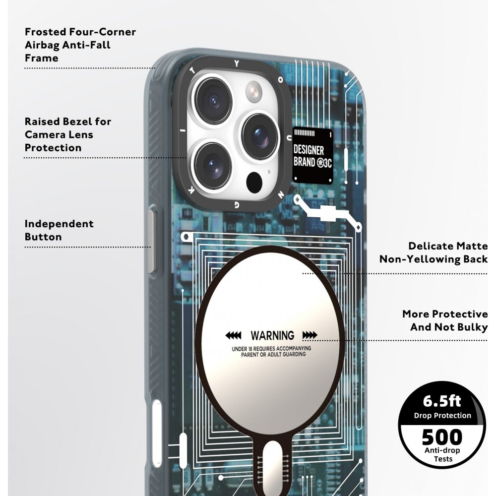 Coque iPhone 16 Pro Max - Youngkit silicone compatible MagSafe design circuit style puce électronique - Bleu