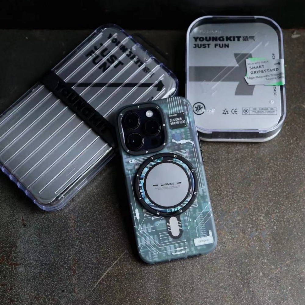 Coque iPhone 16 Pro Max - Youngkit silicone compatible MagSafe design circuit style puce électronique - Bleu