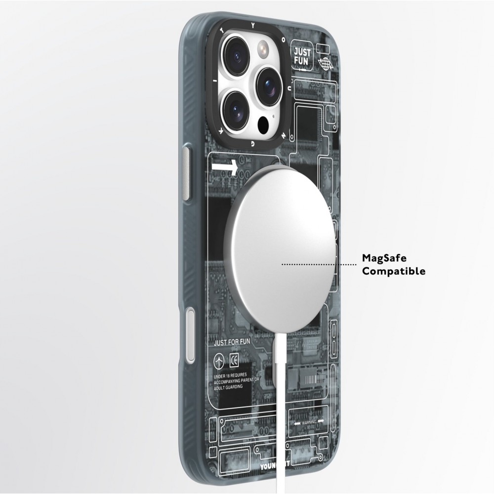 Coque iPhone 16 Pro Max - Youngkit silicone compatible MagSafe design circuit style puce électronique - Gris