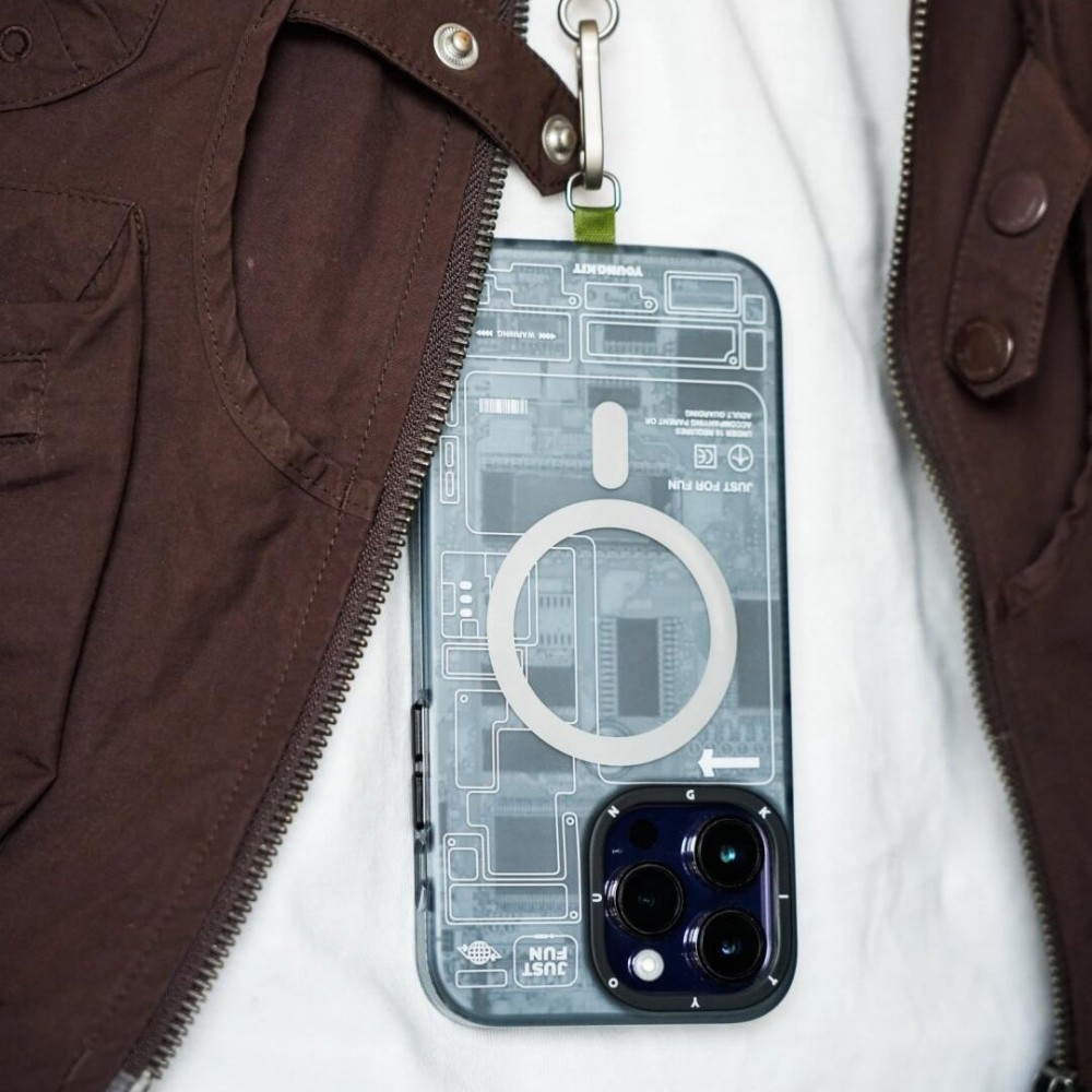 Coque iPhone 16 Pro Max - Youngkit silicone compatible MagSafe design circuit style puce électronique - Gris