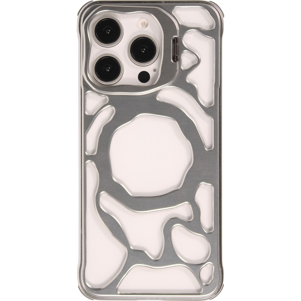 Coque iPhone 16 Pro - Motifs organiques Argent&eacute;es et support cam&eacute;ra int&eacute;gr&eacute; - Argent