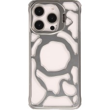 Coque iPhone 16 Pro - Motifs organiques Argent&eacute;es et support cam&eacute;ra int&eacute;gr&eacute; - Argent