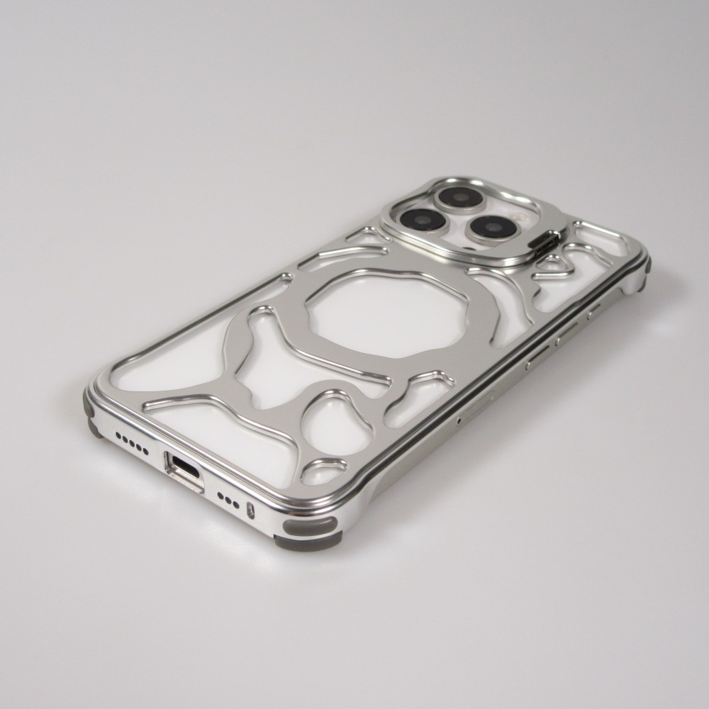 Coque iPhone 16 Pro - Motifs organiques Argent&eacute;es et support cam&eacute;ra int&eacute;gr&eacute; - Argent