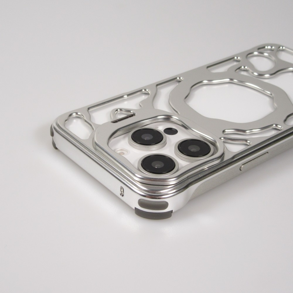 Coque iPhone 16 Pro - Motifs organiques Argent&eacute;es et support cam&eacute;ra int&eacute;gr&eacute; - Argent