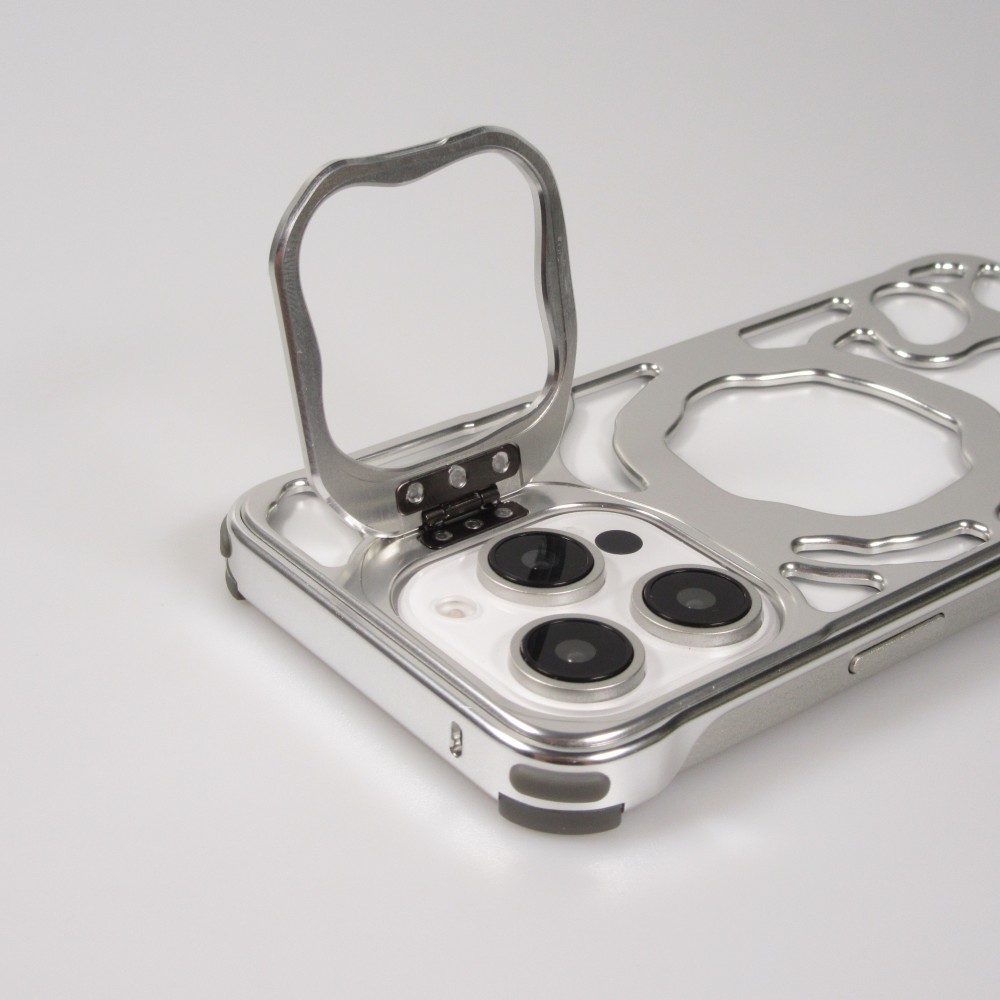 Coque iPhone 16 Pro - Motifs organiques Argent&eacute;es et support cam&eacute;ra int&eacute;gr&eacute; - Argent