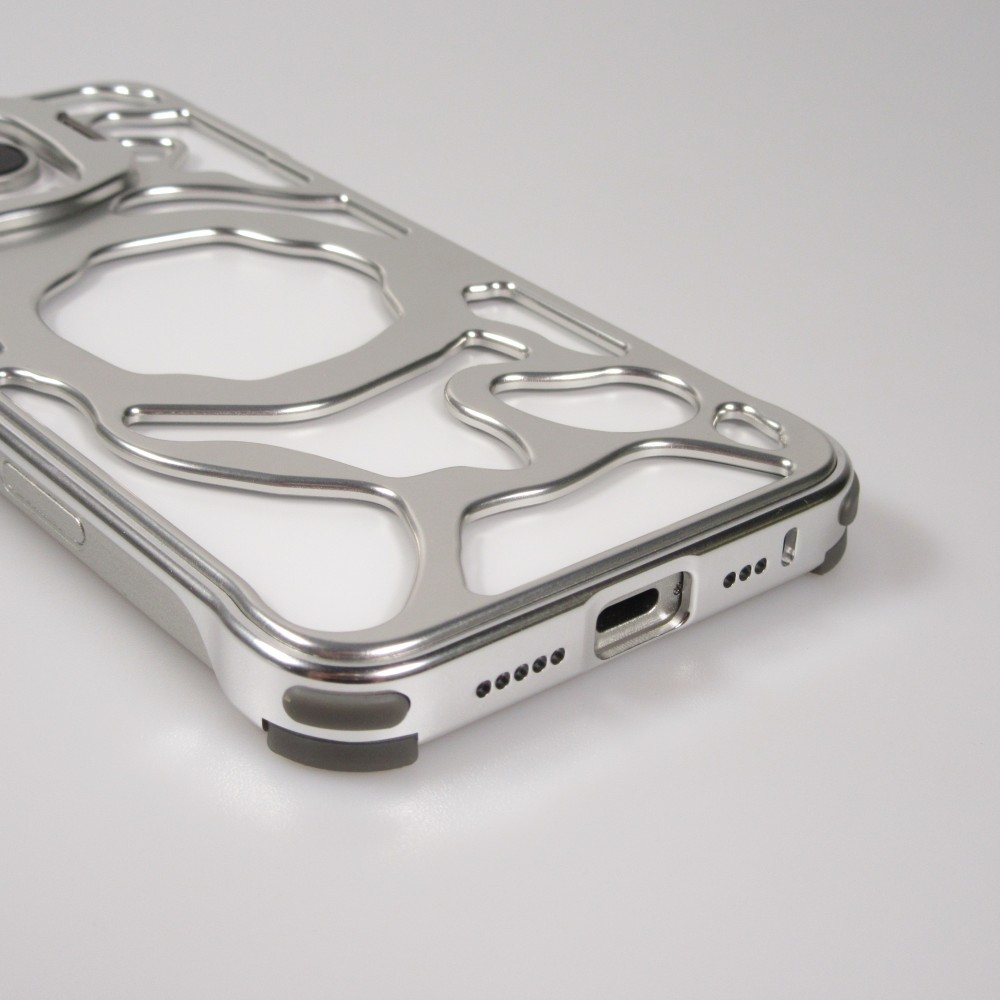 Coque iPhone 16 Pro - Motifs organiques Argent&eacute;es et support cam&eacute;ra int&eacute;gr&eacute; - Argent