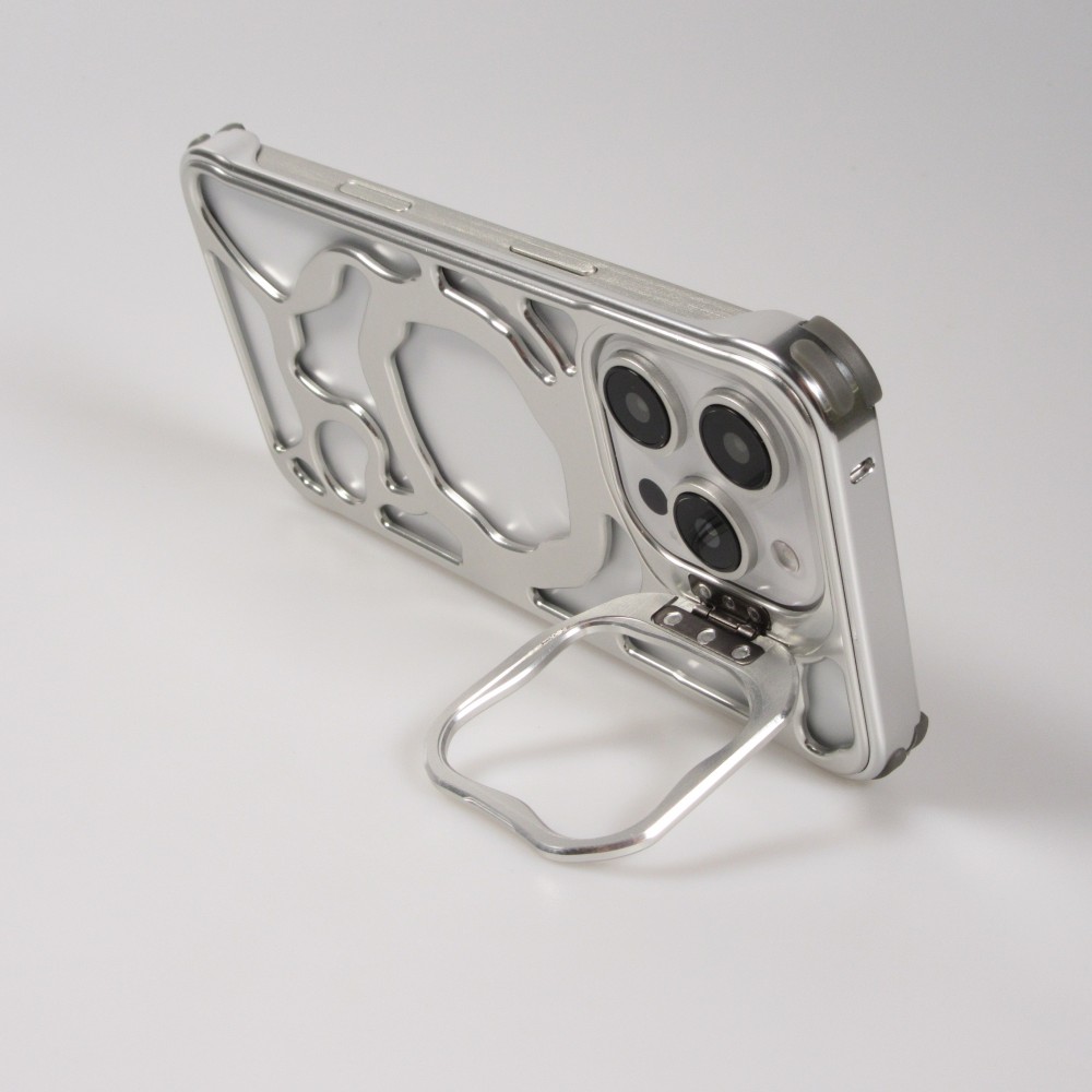 Coque iPhone 16 Pro - Motifs organiques Argent&eacute;es et support cam&eacute;ra int&eacute;gr&eacute; - Argent