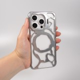 Coque iPhone 16 Pro - Motifs organiques Argent&eacute;es et support cam&eacute;ra int&eacute;gr&eacute; - Argent