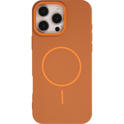iPhone 16 Pro Case H&uuml;lle - Silicone MagSafe Flexibel Halo Licht - Braun