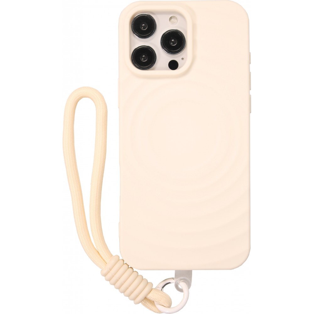 Coque iPhone 16 Pro - Silicone Soft Touch MagSafe avec vagues et lanière - Blanc