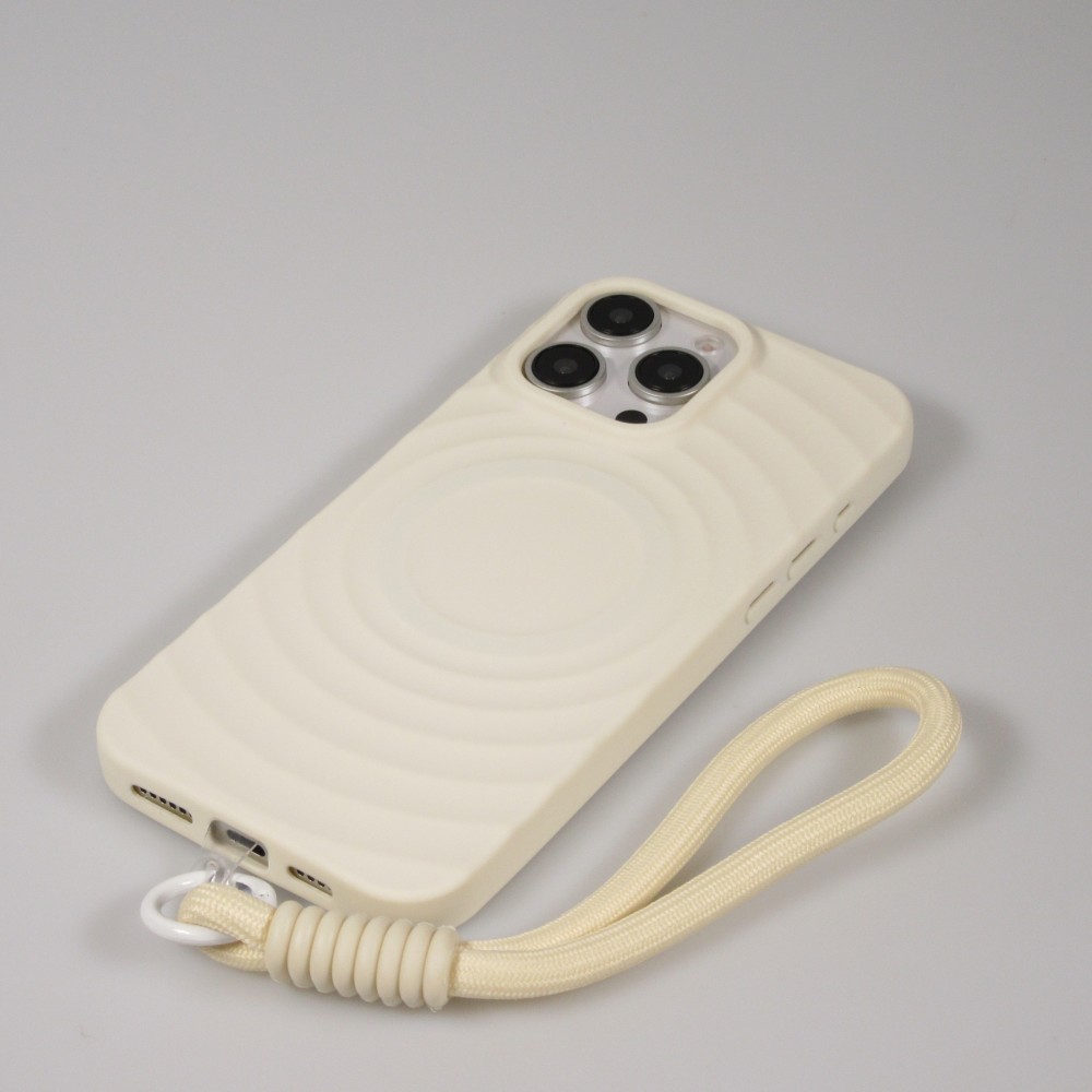 Coque iPhone 16 Pro - Silicone Soft Touch MagSafe avec vagues et lanière - Blanc