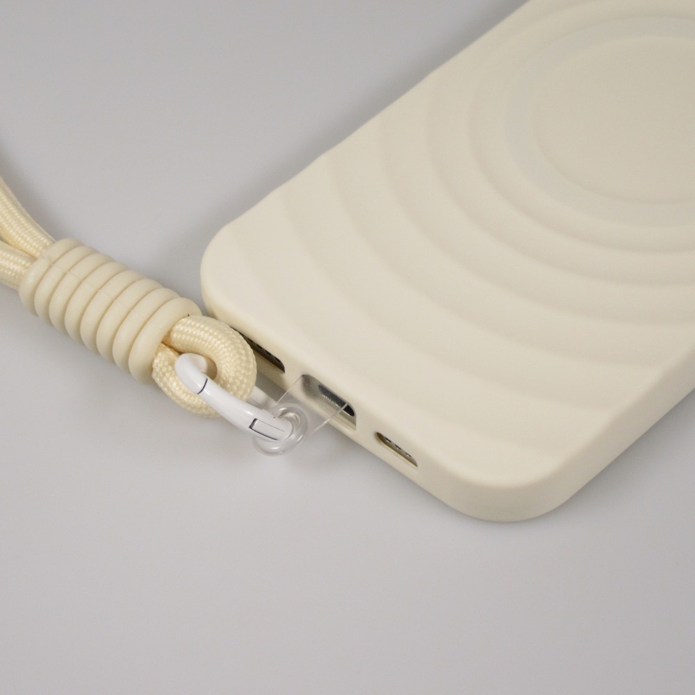 Coque iPhone 16 Pro - Silicone Soft Touch MagSafe avec vagues et lanière - Blanc